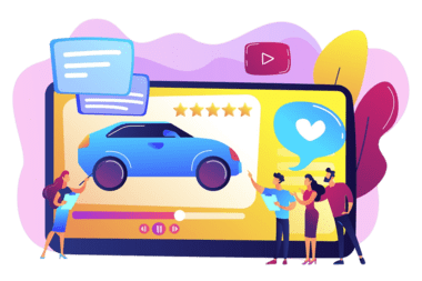 Automotive Industry 5 customers like video with experts modern car review with rating stars car review video test drive channel auto video advertising concept bright vibrant violet isolated illustration 19
