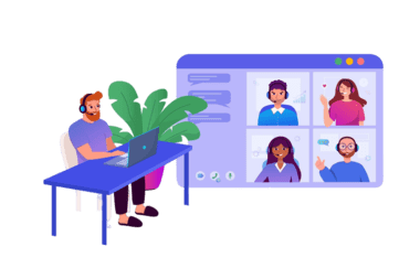 Automotive Industry 7 man home office uses laptop collective virtual team building group video conference 19