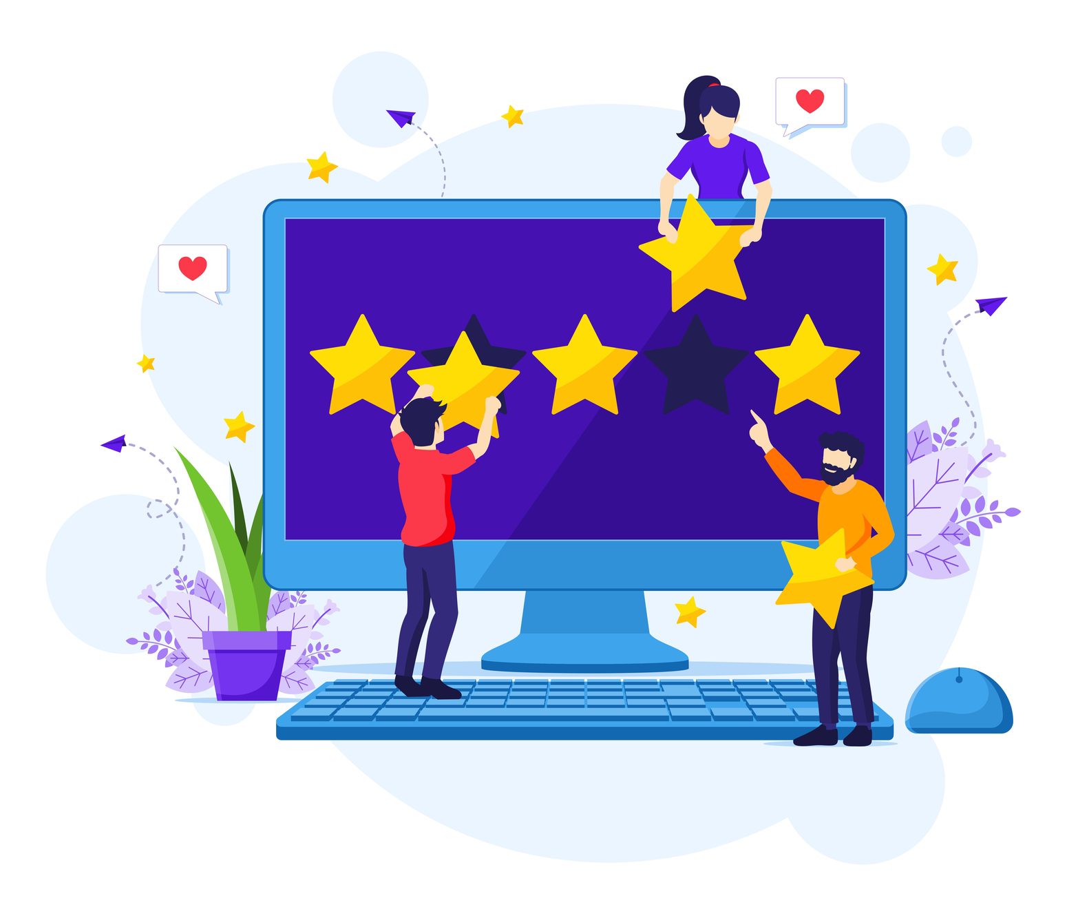 Customer reviews concept, People giving five stars rating Customer reviews
